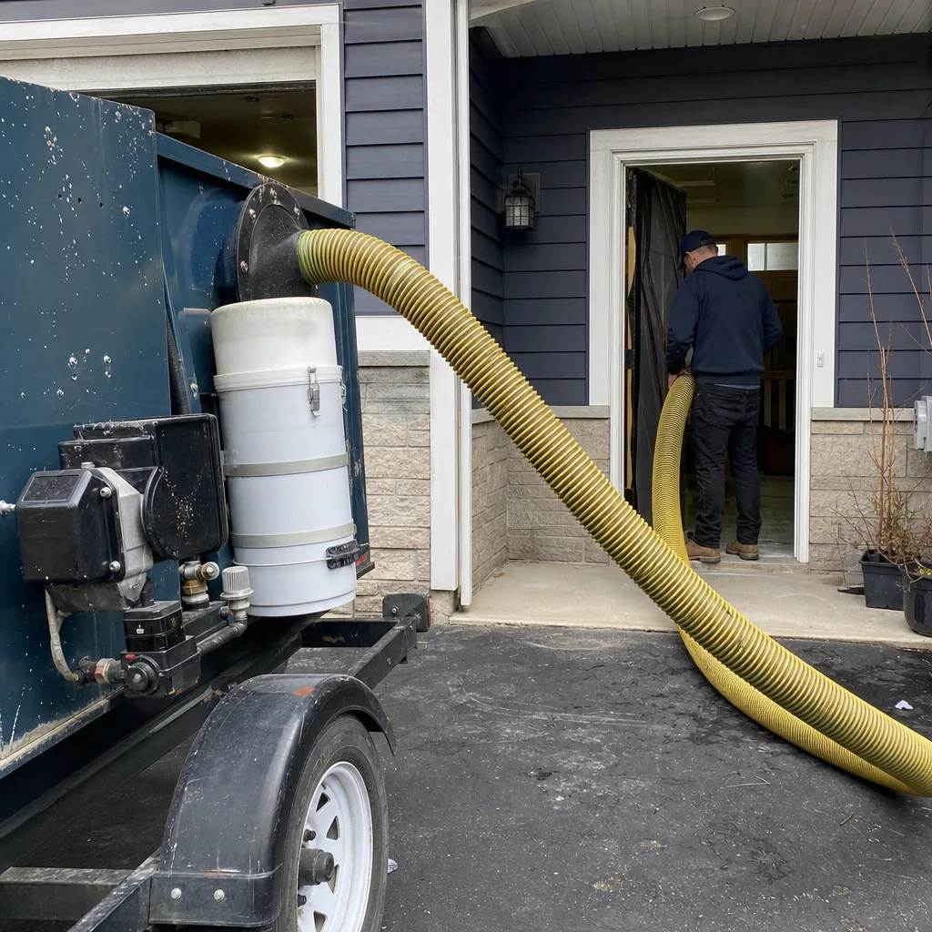 Technician using professional vacuum equipment for residential air duct cleaning