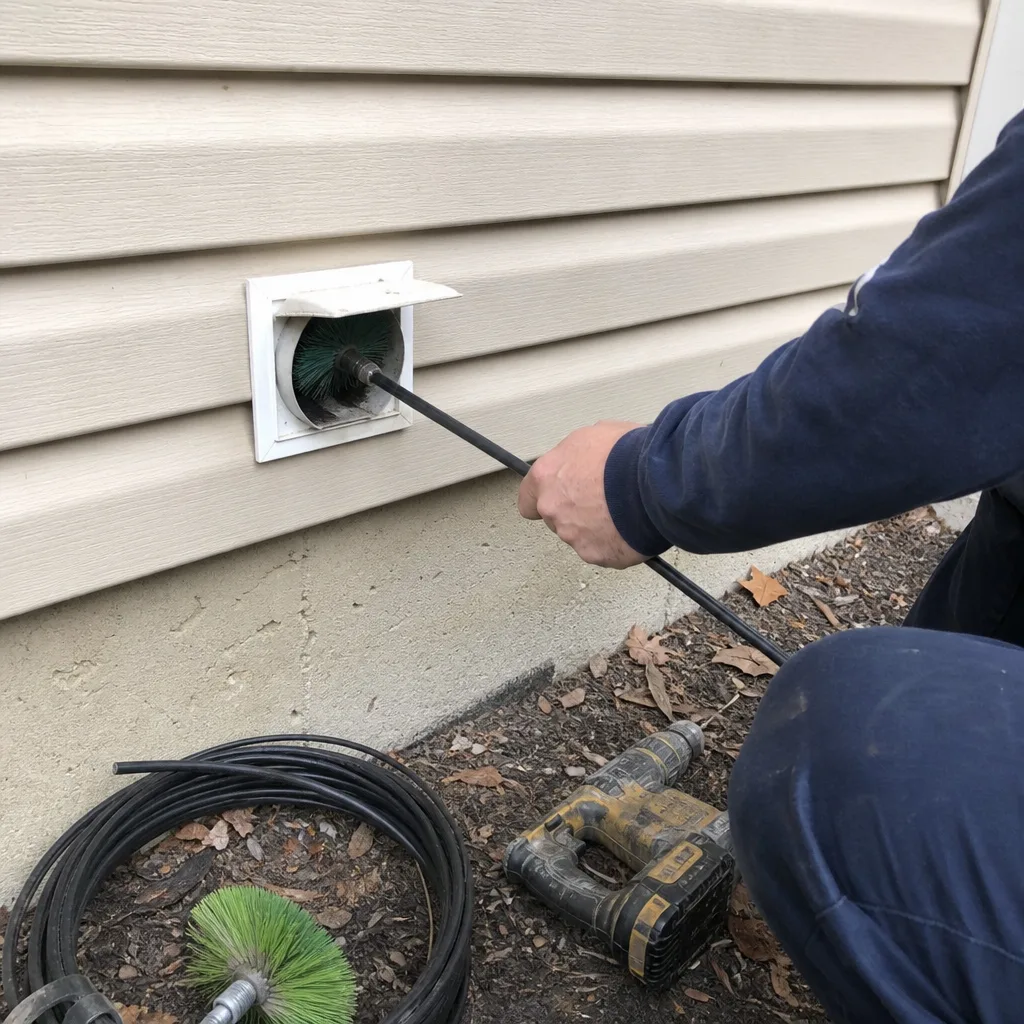 Technician using rotary brush tool for professional dryer vent cleaning