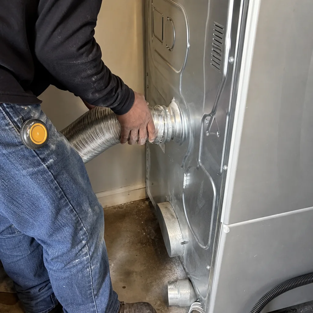 Technician attaching a flexible metal dryer vent hose to a dryer