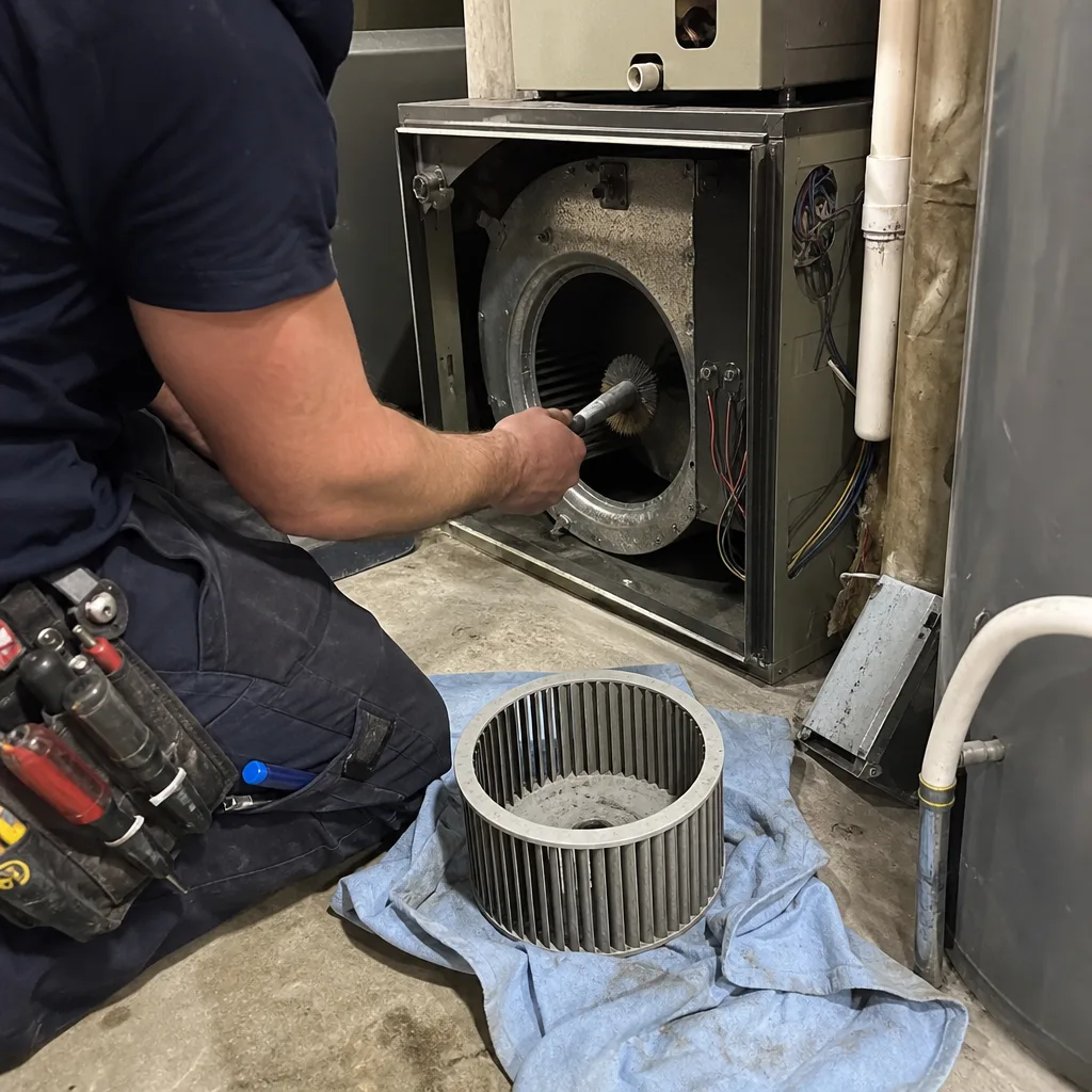 HVAC technician cleaning a furnace blower wheel assembly