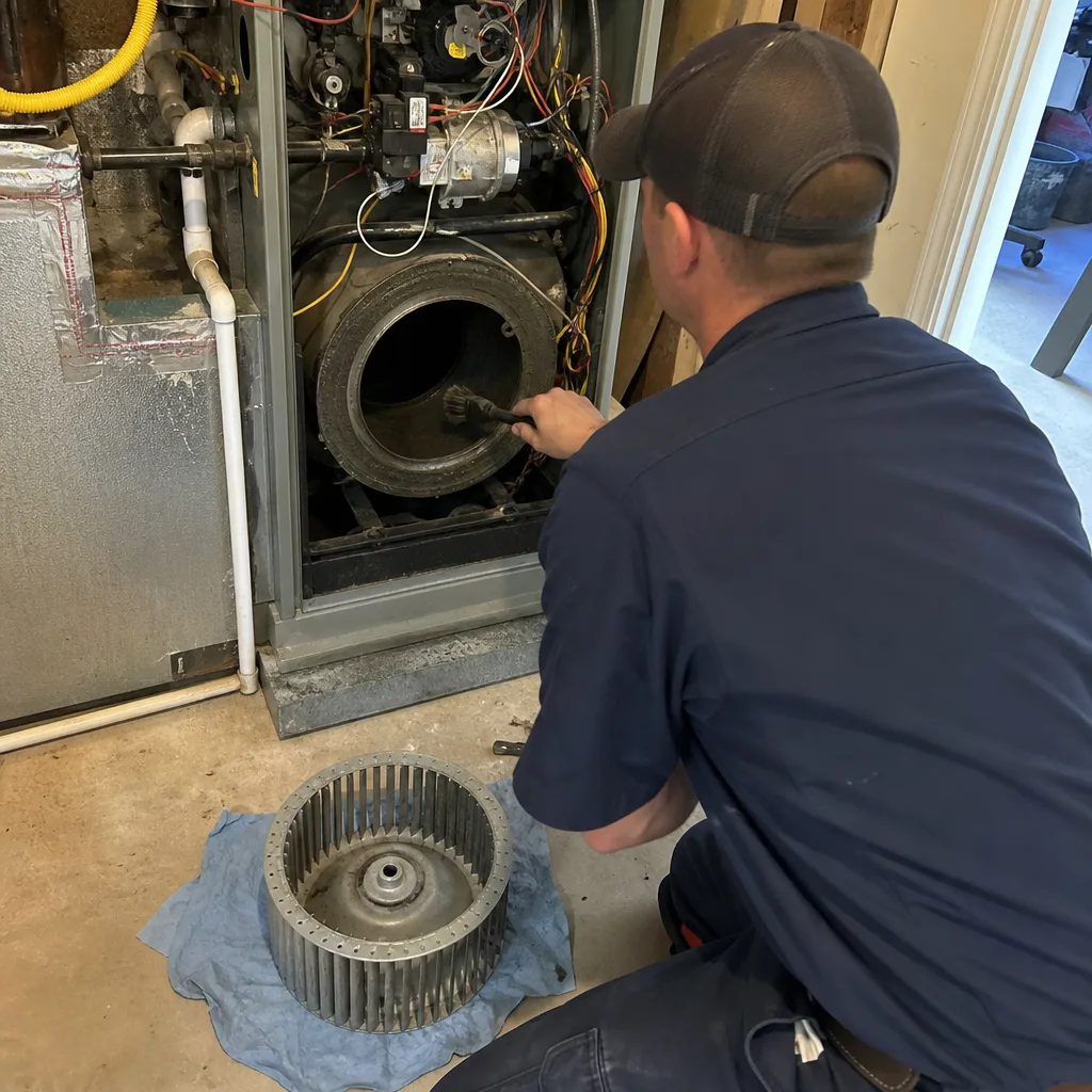 Technician performing professional furnace cleaning and maintenance on an HVAC system